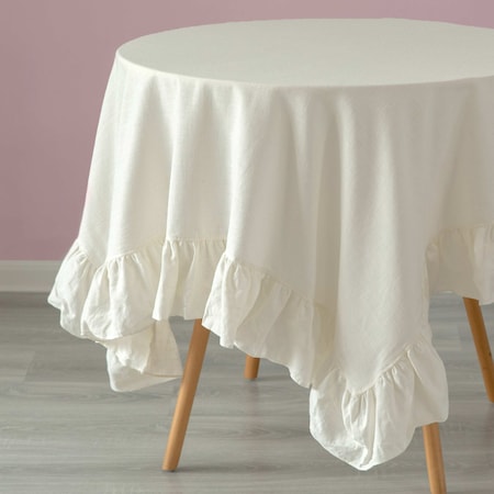 100% Pure Linen Washable Tablecloth With Ruffle Trim, 52 X 70 Rectangle White